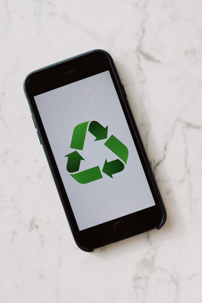 Crafting Captivating Headlines: Your awesome post title goes here Smartphone placed on marble surface displaying green recycle symbol.